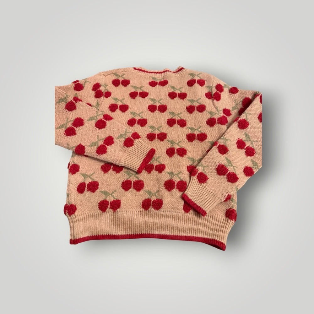&merci Cherry Print Sweater Womens Small Tan Red Fuzzy Pom Pom Coquette Cottage - Picture 5 of 11